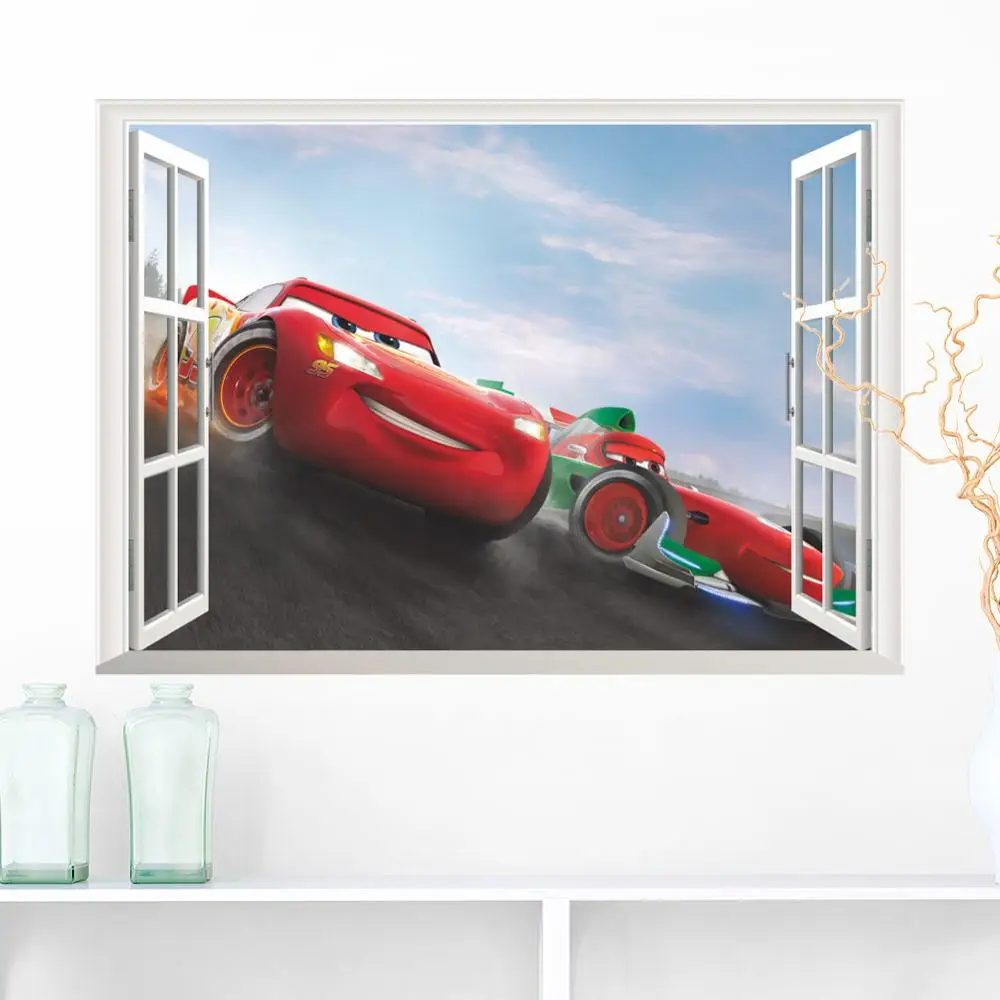 Disney cartoon movie 3Dview Cars Lightning McQueen Window wall sticker for kids room mural art Home decoration PA14262-N