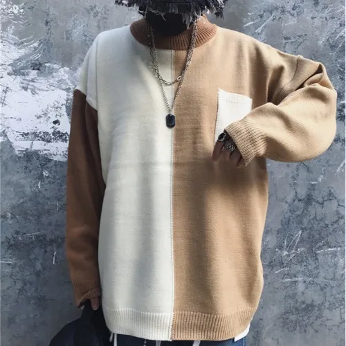Winter Turtleneck Sweater Men's Warm Fashion Contrast Casual Knit Pullover Men Streetwear Hip Hop Knitting Sweaters Male Clothes - Цвет: camel