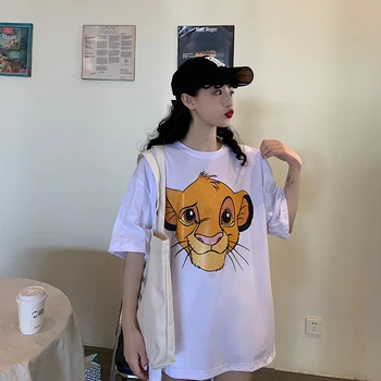 

The Lion King Cartoon Print Tshirt Women Loose Vintage Female T-Shirts Short Sleeve Streetwear Long Top Tees Plus Size T Shirts