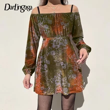 

Darlingaga Vintage Fairycore Graphic Print Off Shoulder Dresses Women Y2K Long Sleeve Korean Harajuku Party Dress 90s Aesthetic