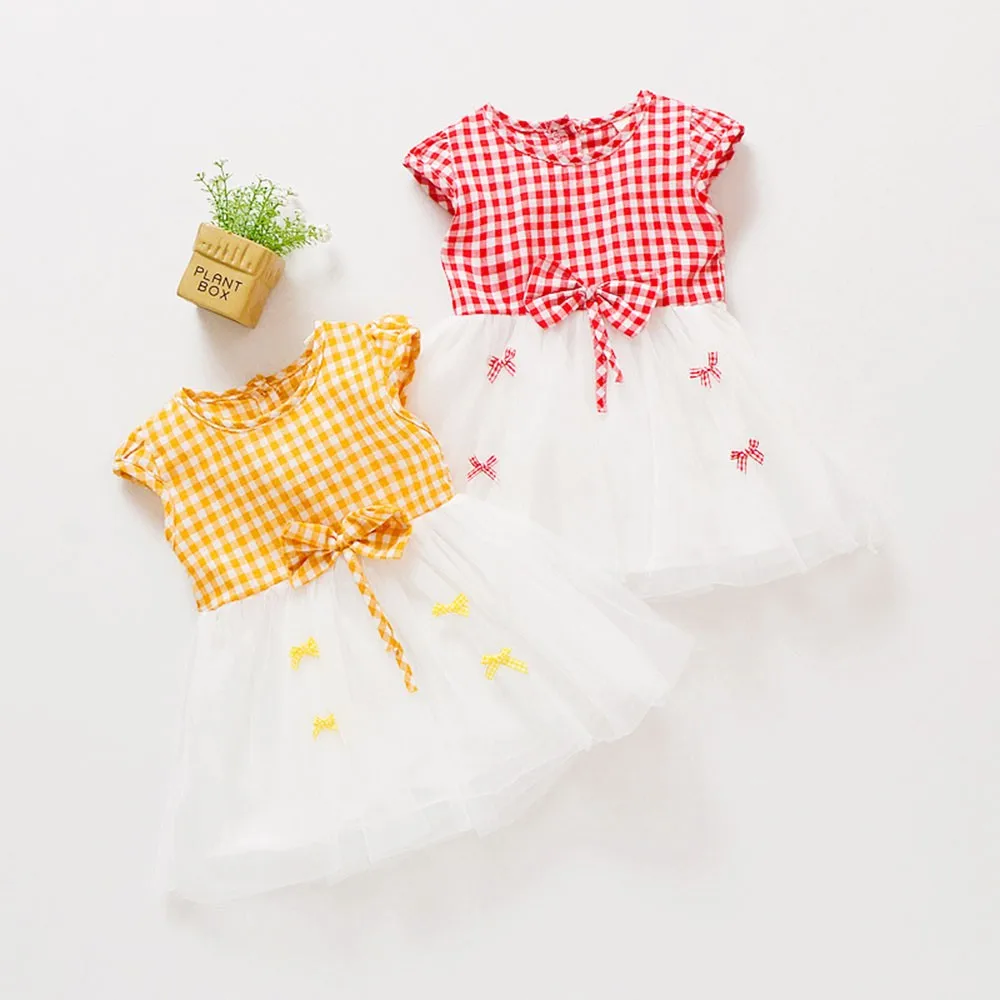 Модное платье для маленьких девочек; хлопковое Повседневное платье с круглым вырезом для новорожденных и маленьких девочек; Vestidos; клетчатое платье с бантом из пряжи и тюля; одежда; H4