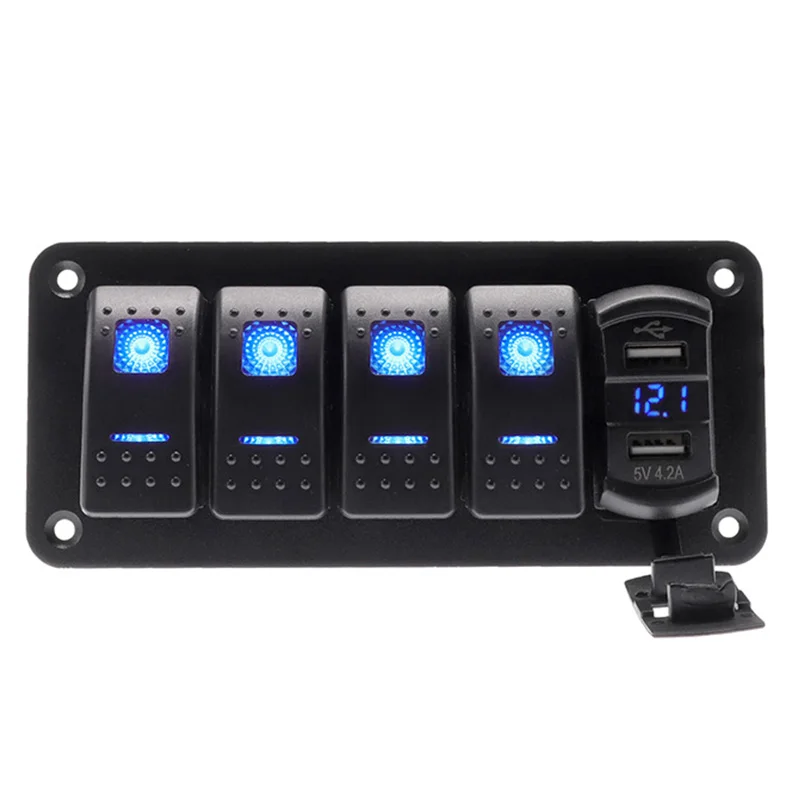 Панель переключателей на 4 группы с двойным USB 12 ~ 24 В синяя светодиодная панель