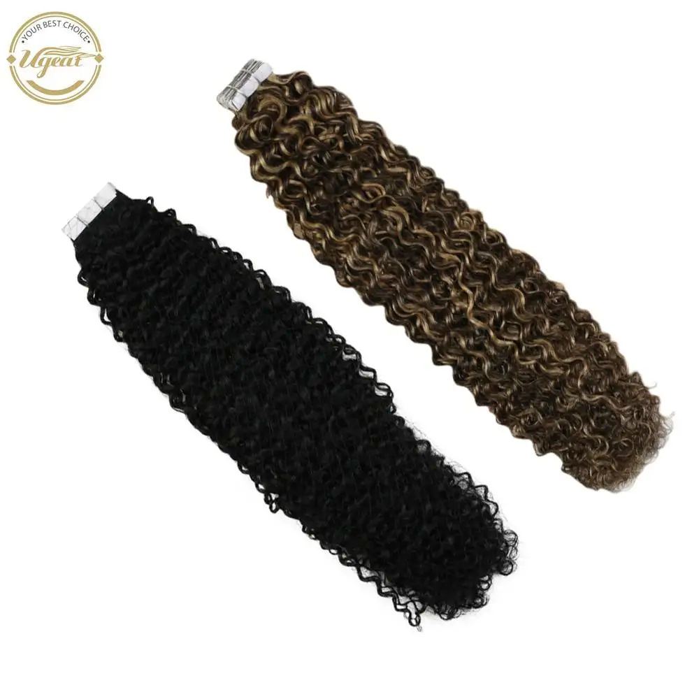 Ugeat-Cinta en extensiones de cabello humano, Pelo Rizado de 14-24 pulgadas, cabello humano Real Remy, suave sin costuras, 2,5g/Ud., 50g/20 piezas