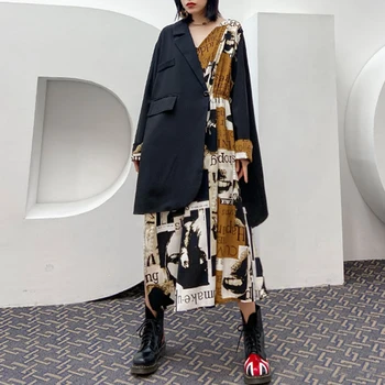 

SeeBeautiful Contrast Color Notched Collar Long Sleeve Irregular Large Size Dress Woman Autumn 2020 New Tide Fashion T109