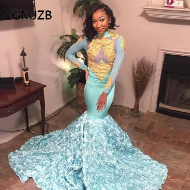 

Long Sleeves African Evening Dresses 2020 Mermaid High Collar Gold Lace 3D Flowers Formal Prom Gown Party Dress Abendkleider