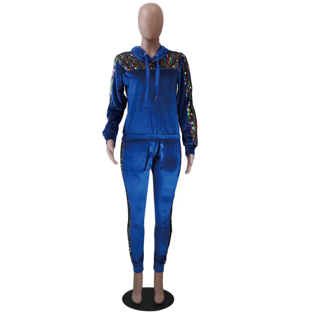 Комплект из 2 предметов, женский спортивный костюм с блестками, велюровые штаны для бега, топ с капюшоном, длинный рукав, пэчворк, спортивный костюм, спортивный костюм, верхняя одежда, зима - Цвет: Синий