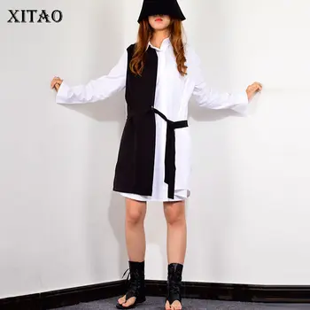 

XITAO Patchwork Hit Color Casual Sashes Blouses Women 2019 Autumn Fashion Small Fresh Turn Down Collar Long Sleeve Top GCC1237