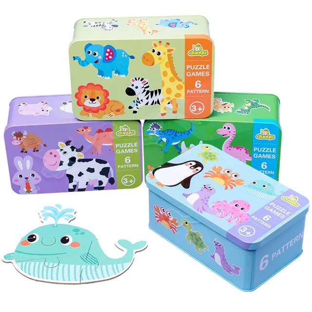 Baby Puzzle Toys Games Iron Box Cartoon 3D Animals Wooden Puzzle For Children Montessori Early Educational Toys Gifts For Kids 1