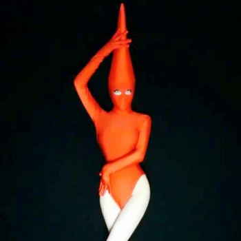 

Nightclub Bar Singer Stage Costume Red Exaggerated Pointed Hat Mysterious Masked Bodysuit Rave Clothes Festival Outfit DT2004