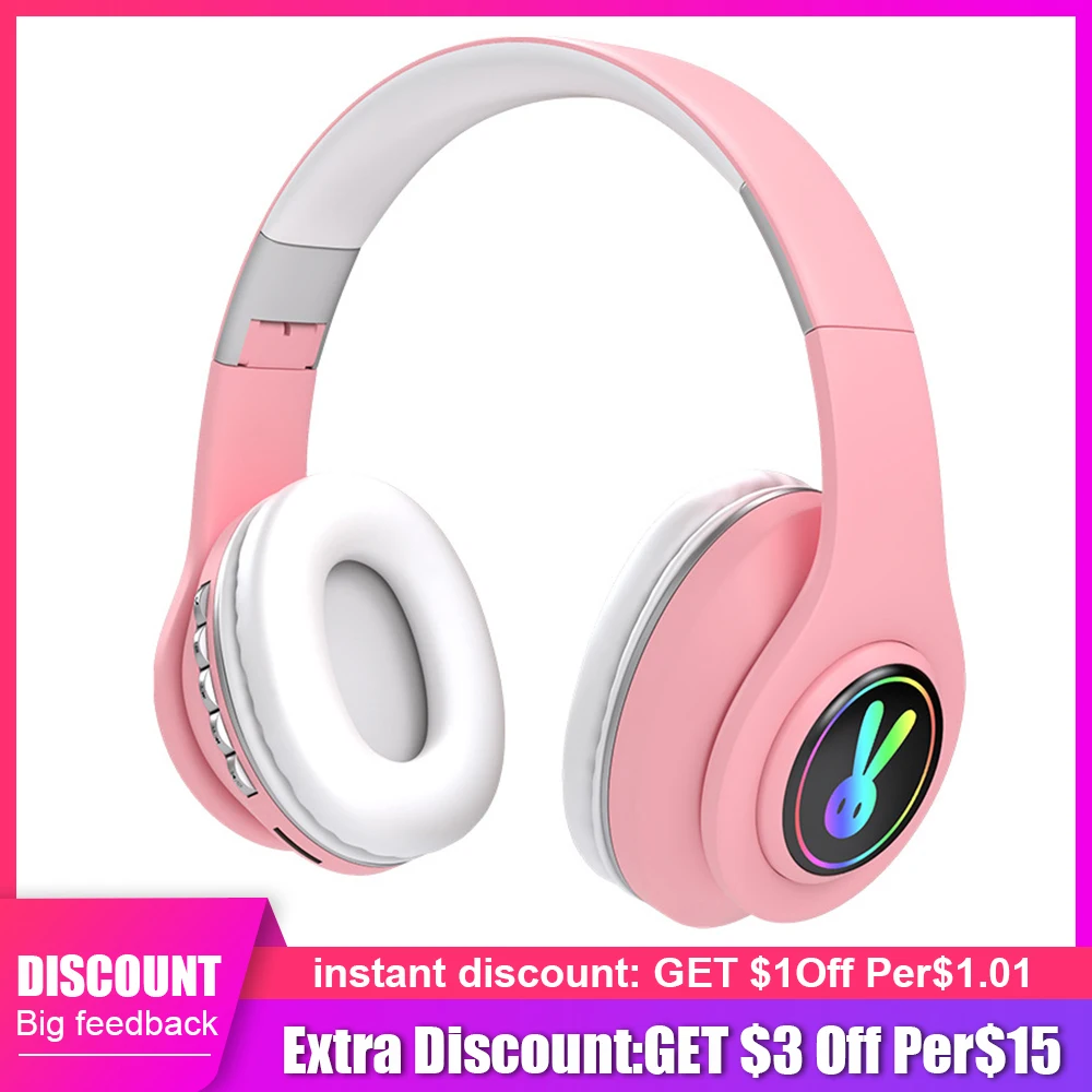 5 0 Bluetooth Headpset Cute Little Rabbit RGB LED Light Girl Kids Stereo Music Wireless Auscultadores with Microphone for xiaomi