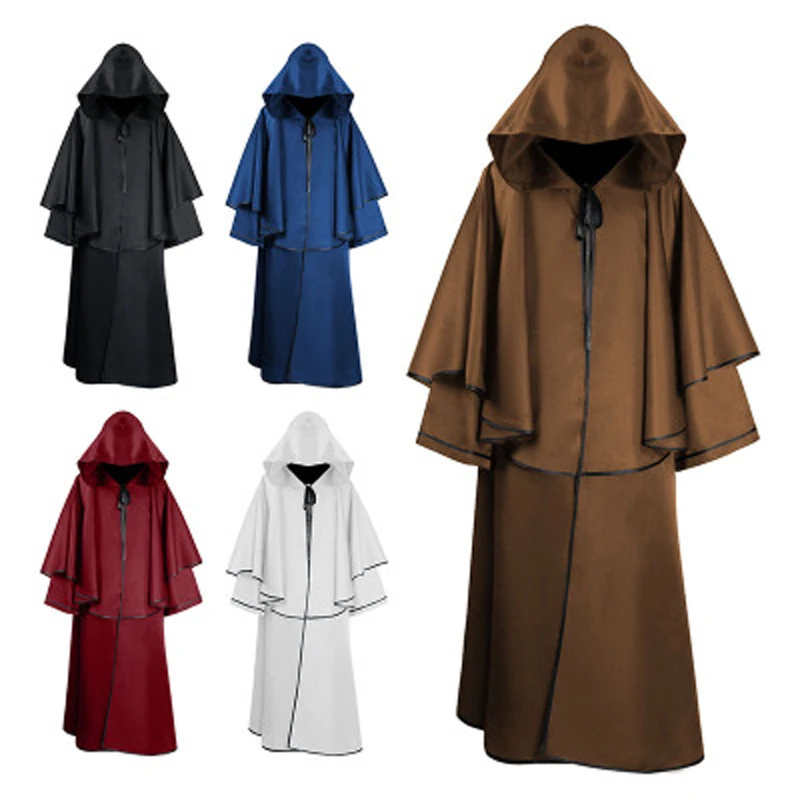

Halloween Medieval Vampire Pastor Grim Reaper Hooded Cloak Robe Cosplay Costume Masquerade Clothes White Red Black Blue