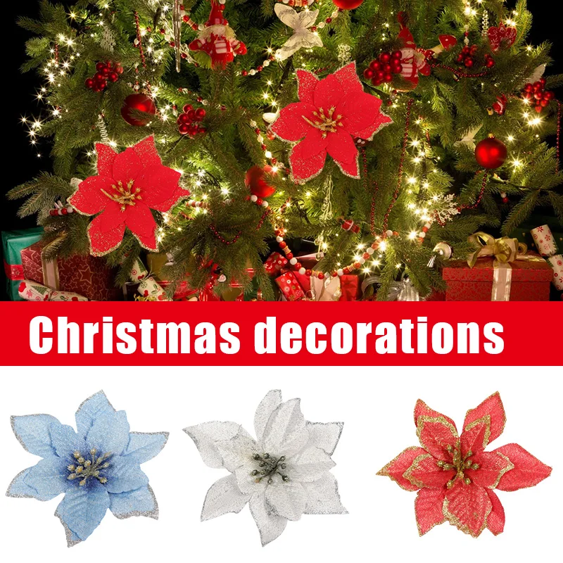 Red TURNMEON 24 Pack 6 Inch Christmas Glitter Poinsettia Artificial Silk Flowers Picks Christmas Tree Ornaments for Gold Christmas Tree Wreaths Garland Holiday Decoration