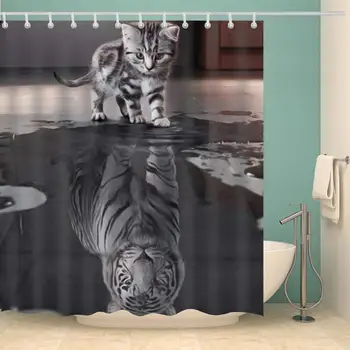 

Animals Shower Curtain Cat Reflection Tiger Fashion Bath Accessories with 12 Hooks Waterproof Polyester Fabric Bathroom Decor