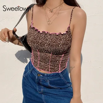 

Sweetown Leopard Print Summer Street Fashion Crop Top Women Slim Sexy Party Clubwear Ruched Tank Top Female Harajuku Rave Outfit