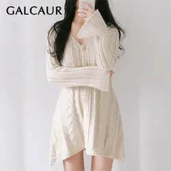 GALCAUR/Корейские вязаные женские свитера с v-образным вырезом и длинными рукавами на пуговицах с высокой талией Feamle кардиганы 2019 осень