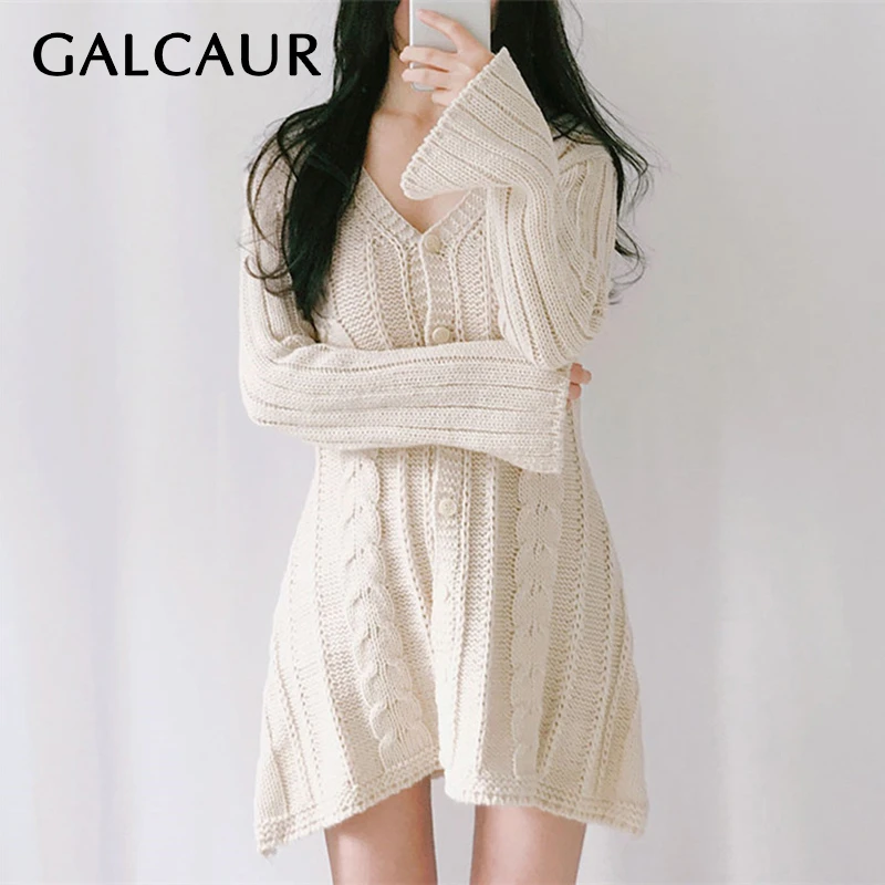 Женский вязаный кардиган GALCAUR с v-образным вырезом и длинными рукавами на
