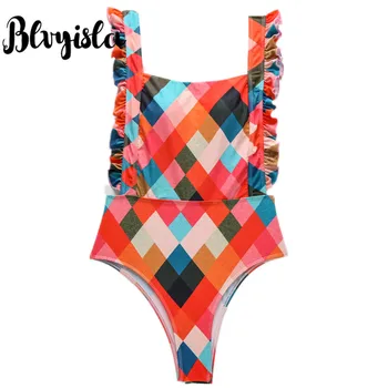 

Blvyisla Plaid Printing One Piece Swimsuit Sexy Women High Waist Retro Ruffled Belt Summer Beachwear Swimwear Suit