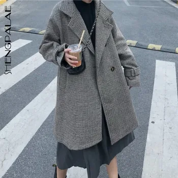 

SHENGPALAE 2020 New Fashion Autumn Winter Overcoat Women Lapel Plaid Loose Casual High Street Double Breasted Coat Female A455