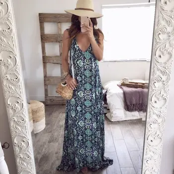 

Womens Summer Dresses Boho Floral Long Maxi Dresses Casual Evening Party Dress Flower Print Clothes V Neck Beach Dress