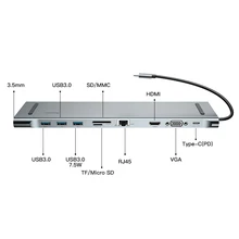USBC к type C PD концентратор 3,5 мм 3 USB 3,0 TF SD 1000M Rj45 Gigabite 4K HDMI VGA 10 в 1 Алюминиевый сплав расширение док-станции для Macbook