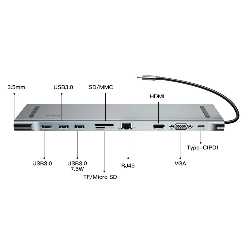 

USBC to Type C PD Hub 3.5mm 3 USB 3.0 TF SD 1000M Rj45 Gigabite 4K HDMI VGA 10 in 1 Aluminium Alloy Extend Dock for Macbook