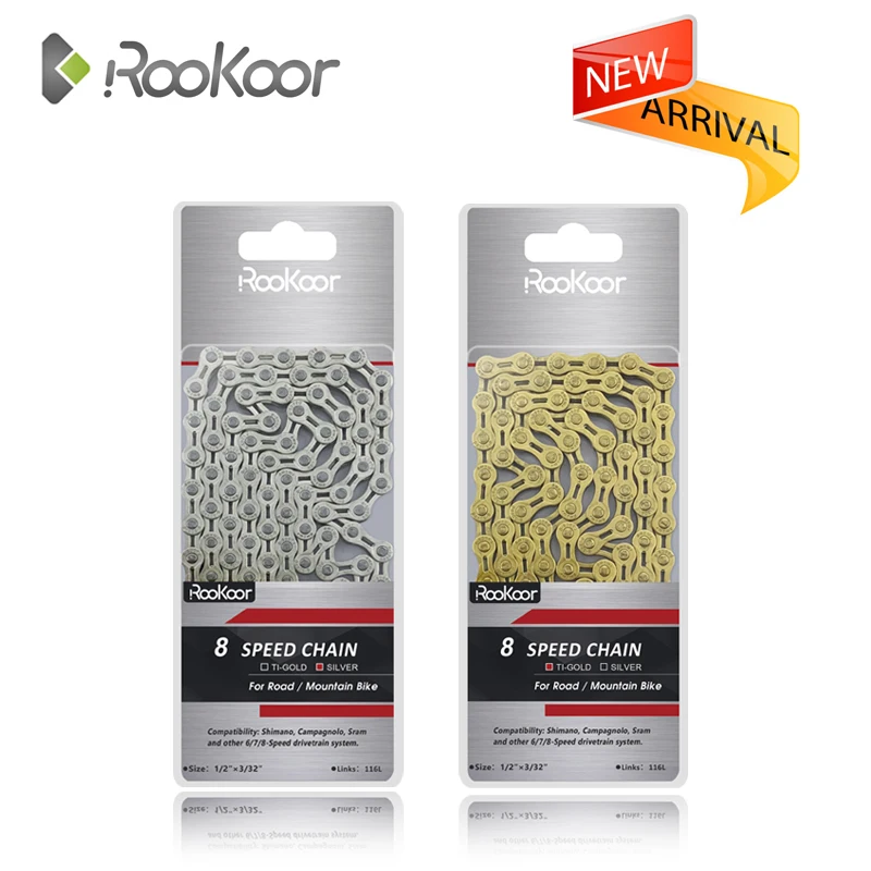 

Rookoor Road Bike 8 Speed Titanium Plated Bicycle Chain Parts 8S Velocidade Chains Mountain MTB 116L Cycling Hollow Gold Silver