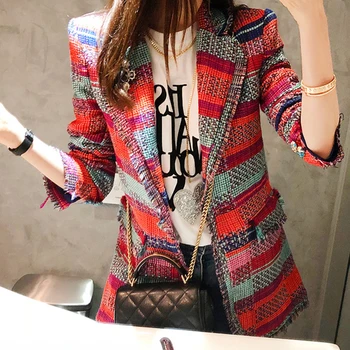 

England Style Vintage Red Plaid Tweed Blazer Coat Women Single Button Tassel Suit Jacket Winter Blazer Femme Slim Fit Outwear
