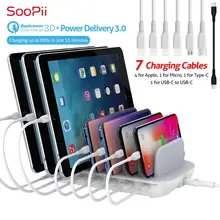 SooPii 60 Вт 7-портовая usb зарядная станция для нескольких устройств, быстрая зарядка с QC 3,0 и поставка питания 3,0 7 кабелей в комплекте
