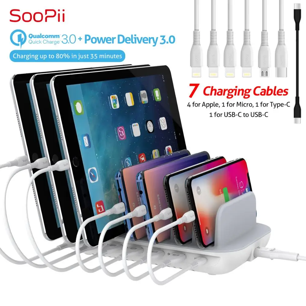 

SooPii 60W 7-Port USB Charging Station for Multiple Devices, Fast Charging with Quick Charge & Power Delivery 3.0,7 Mixed Cables