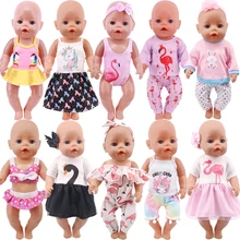 Vêtements de bain pour poupées, T shirts et pantalons de flamand rose, accessoires faits à la main pour filles américaines de 18 pouces et poupée nouveau né de 43cm