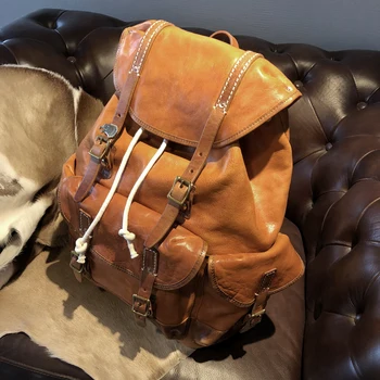 

Vegetable Tanned Leather Backpack Men's Bag Leather Retro Travel Big Large Capacity Backpacks Genuine Leather Men Solid Bag Male