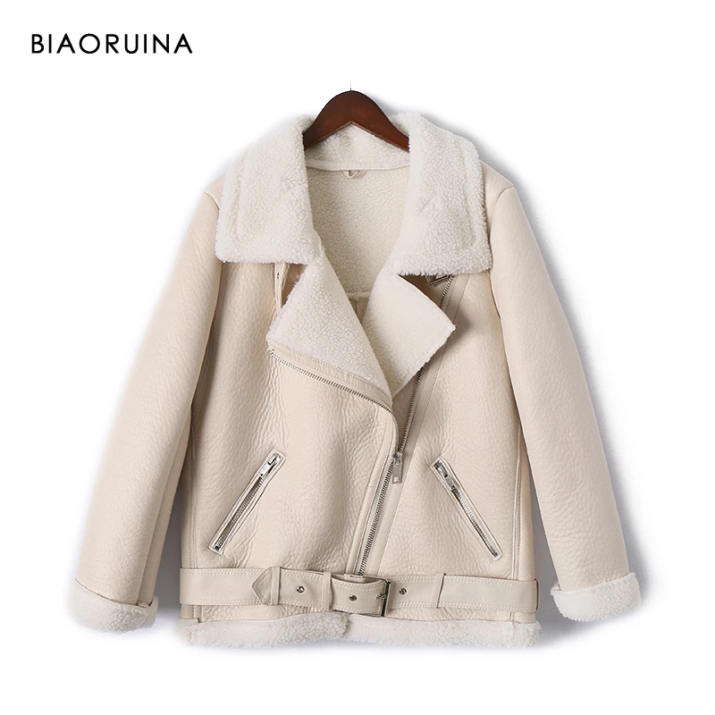 BIAORUINA, мото и Байкерский стиль, женская Свободная искусственная кожа, пэчворк, овчина, сохраняющая тепло, толстая куртка, пальто, отложной воротник с поясом