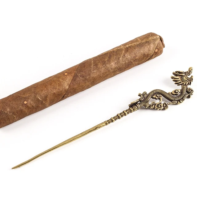 Retro Metal Dragon Carving Shape Cigar Draw Tool Vintage Portable Dredge Drilled Engraving Ventilation Needle Enhancer Knife Smo - Image 3