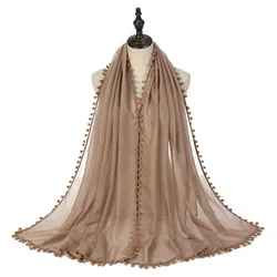 2022 Autumn Plain Soft Ball Chain Pom Pom Viscose Shawl Scarf Lady High Quality Wrap Pashmina Stole Muslim Hijab Sjaal 180*80Cm