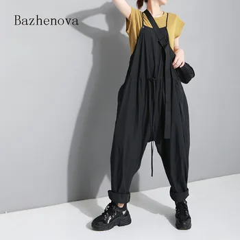 

2020 New Casual Sling Jumpsuits Cotton Solid Lace Up Overalls Loose Long Playsuit Streetwear Female Clothing T1541