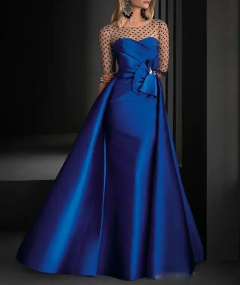 

Royal Blue A-line Evening Dresses Illusion Neck Half Sleeve Floor Length Satin Prom Party Gowns Vestidos Fiesta Robe De Soirée