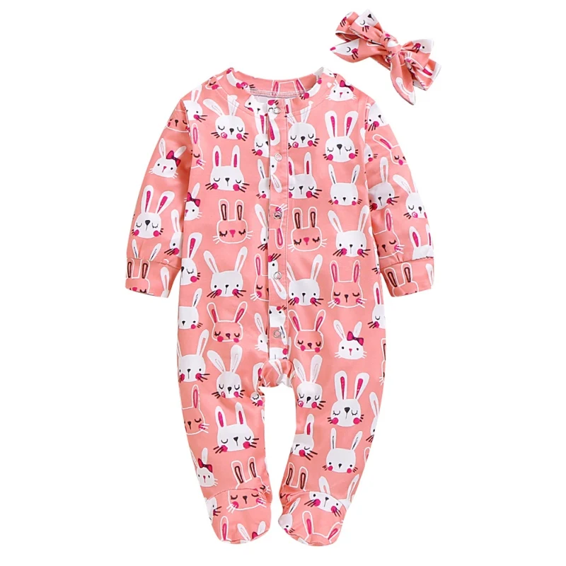 Осенняя одежда для маленьких девочек от 0 до 18 месяцев хлопковый костюм с длинными рукавами и рисунком кролика+ повязка на голову для новорожденных