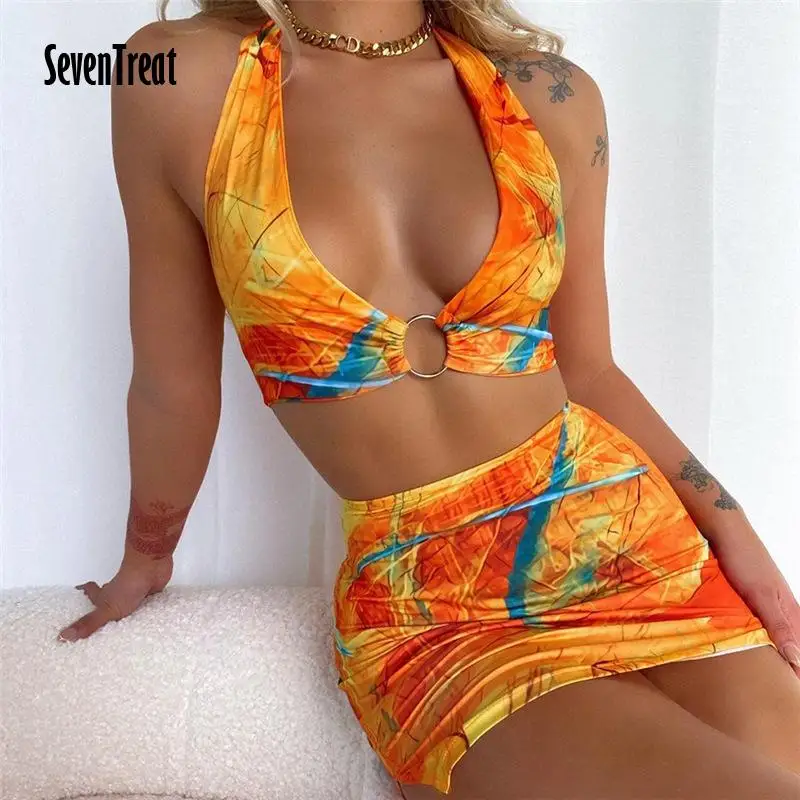 Nuevo  Impreso, conjunto de dos piezas de las mujeres 2021 ropa V profunda Top corto y falda traje de chándal de verano Sexy ropa mujeres ropa 9YaLQ9D7JVj