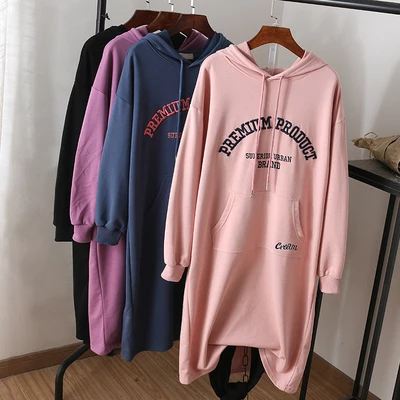 Розовый Осенний Женский пуловер платье с длинным рукавом с капюшоном толстовки с надписью вышивка платье с капюшоном Длинные хлопковые повседневные толстовки выше колена - Цвет: Розовый