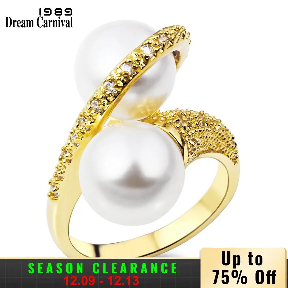 DreamCarnival1989 Infinity Finger Ring for Women Wedding Anniversary Gift for Love Gold-Color Created Pearls Jewelry Anillo Moda