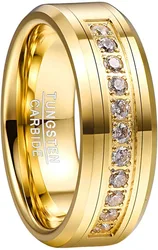 NUNCAD Men's 8MM Tungsten Carbide Ring Wedding Band with Round Cubic Zirconia Gold Plated CZ Engagement Ring Size 7-12