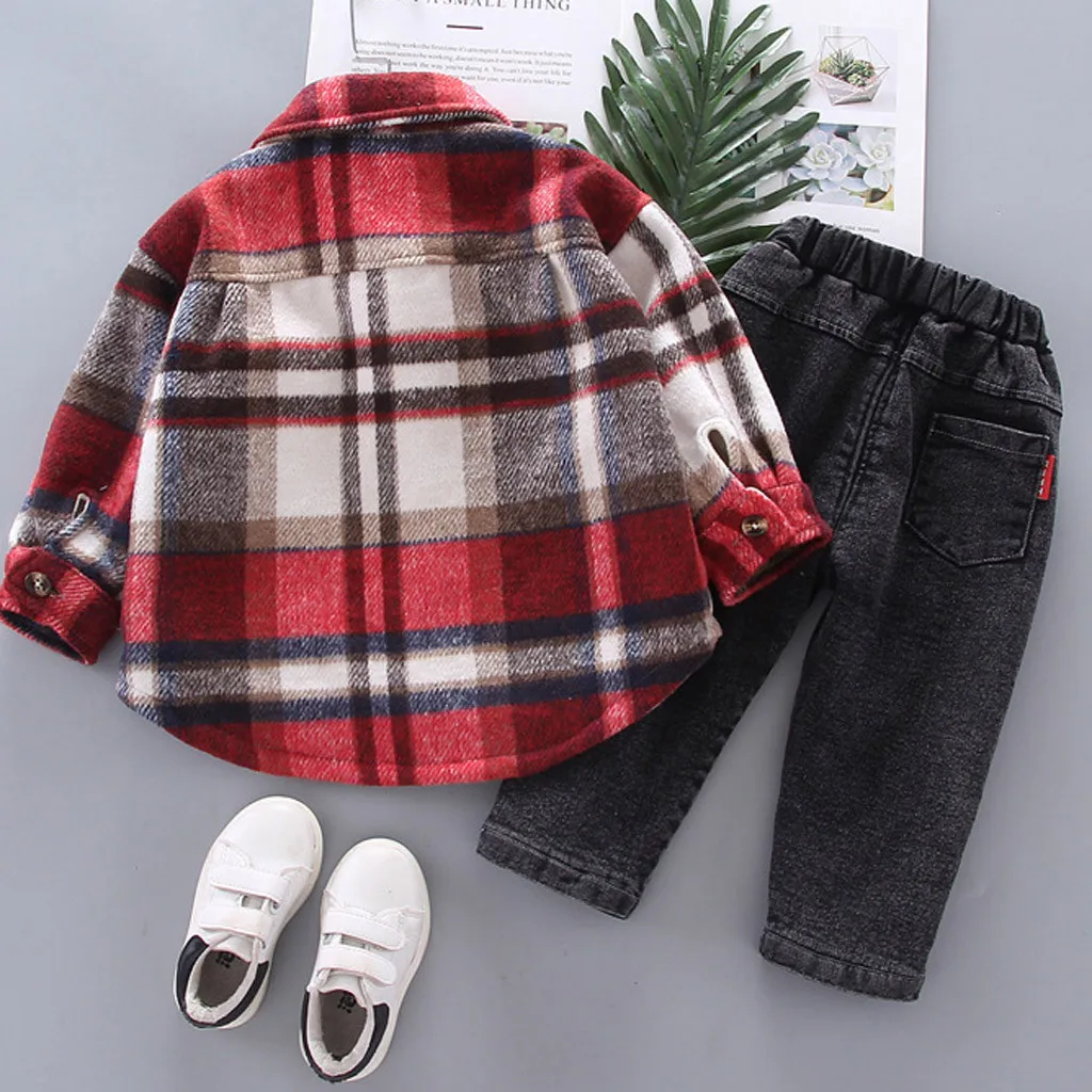 Toddler Kid Baby Boys Cartoon Plaid Coat Jacket+Jeans Pants Outfits Fashion Unisex Single Breasted Lapel Winter Clothes W1106