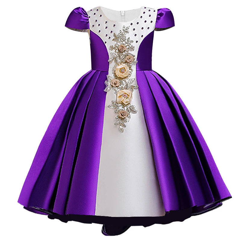 Распродажа, настоящее детское Элегантное свадебное платье с аппликацией и цветочным узором для девочек праздничное длинное платье принцессы для выпускного бала для детей от 3 до 10 лет - Цвет: Dark purple