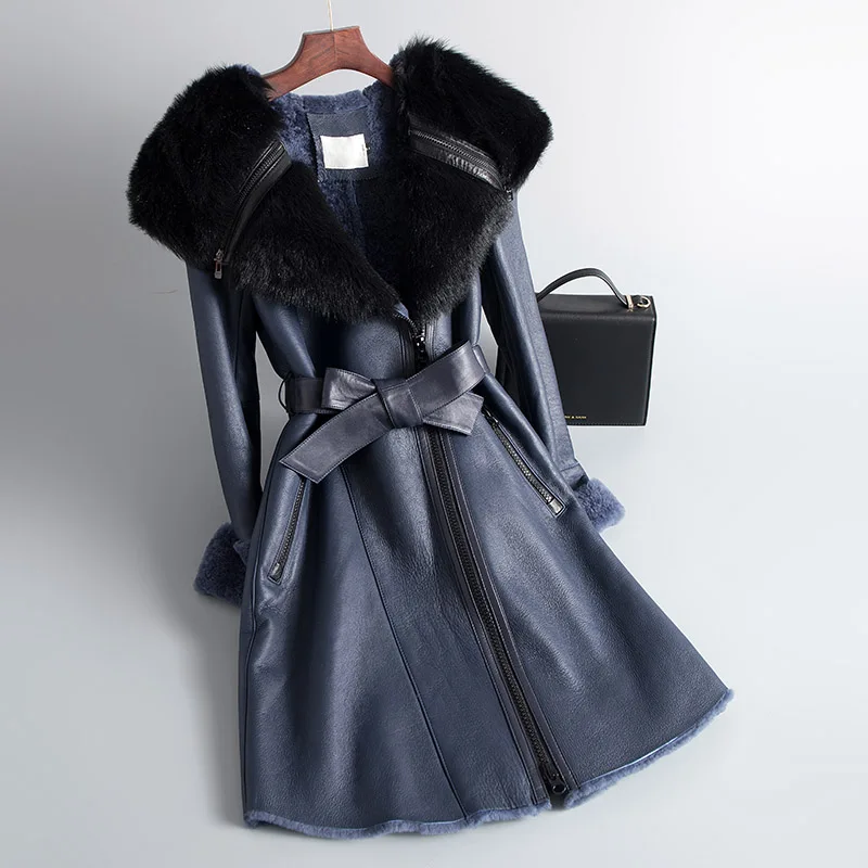 Женское зимнее пальто из натуральной овчины, плотное натуральное меховое пальто с поясом и капюшоном, плотное теплое меховое пальто - Цвет: 2