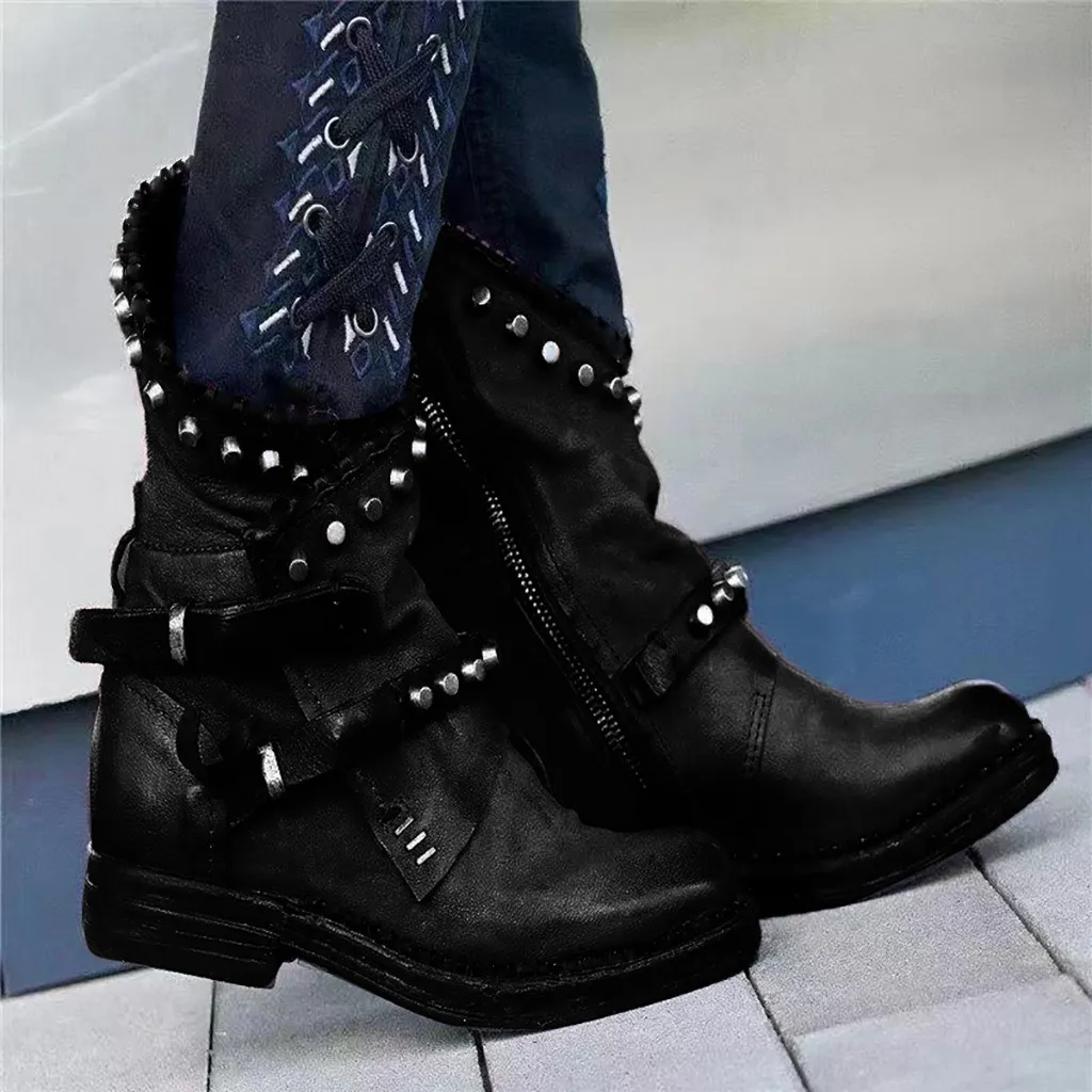 

Retro Rivet Motorcycle Boots Women's Western Boots Winter Classic Leather Boot Lady Punk Low Heel Combat Knight Shoes Pleated