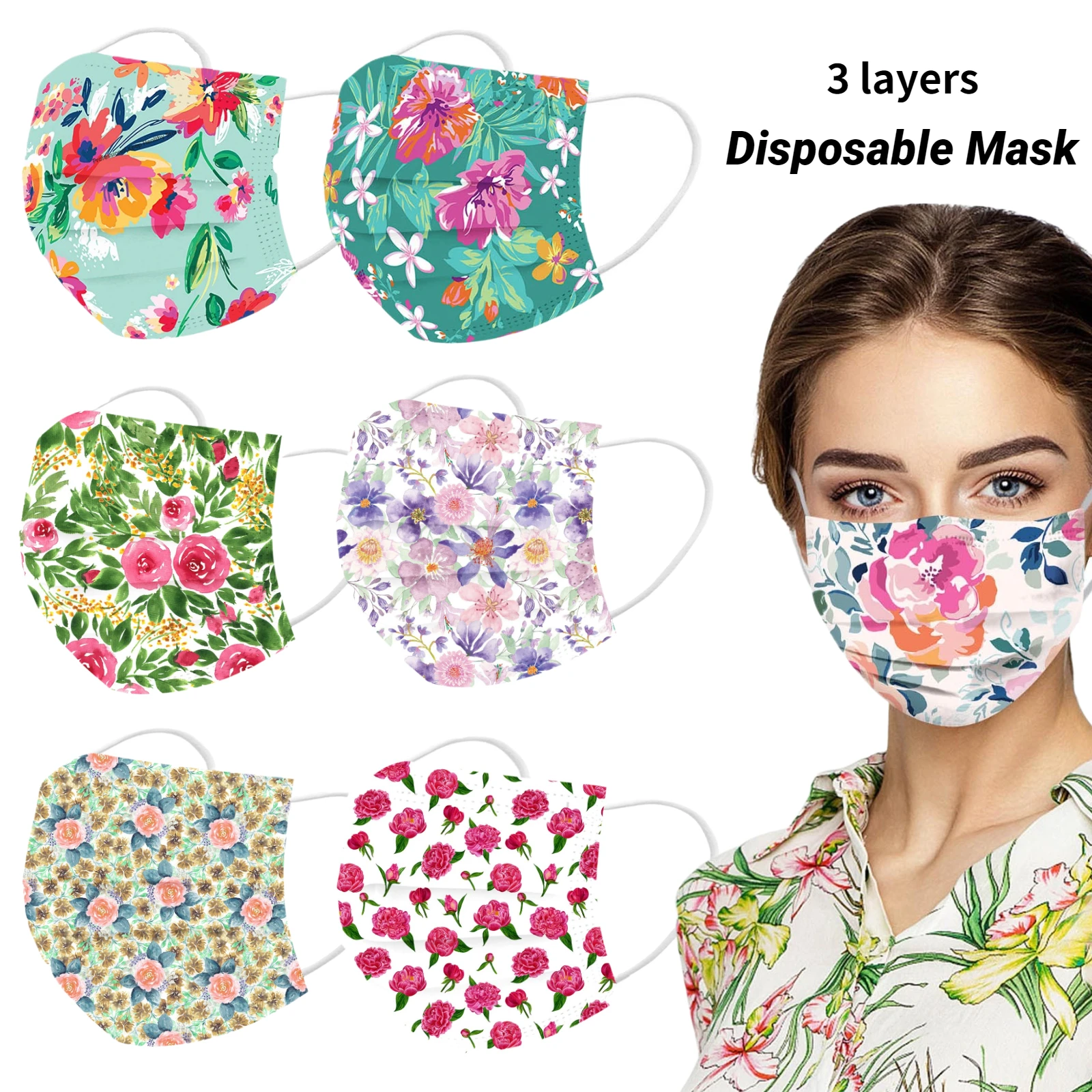 10-100pcs Flower Print Adult Disposable Mask Fashion Printed 3ply Filter Mouth Cover Mascarillas Breathable Face Mask Masque