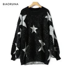 BIAORUINA mujer pentagrama Jacquard Patchwork hilo de plata cuello redondo suéter moda de gran tamaño grueso mantener caliente Jersey de punto(China)