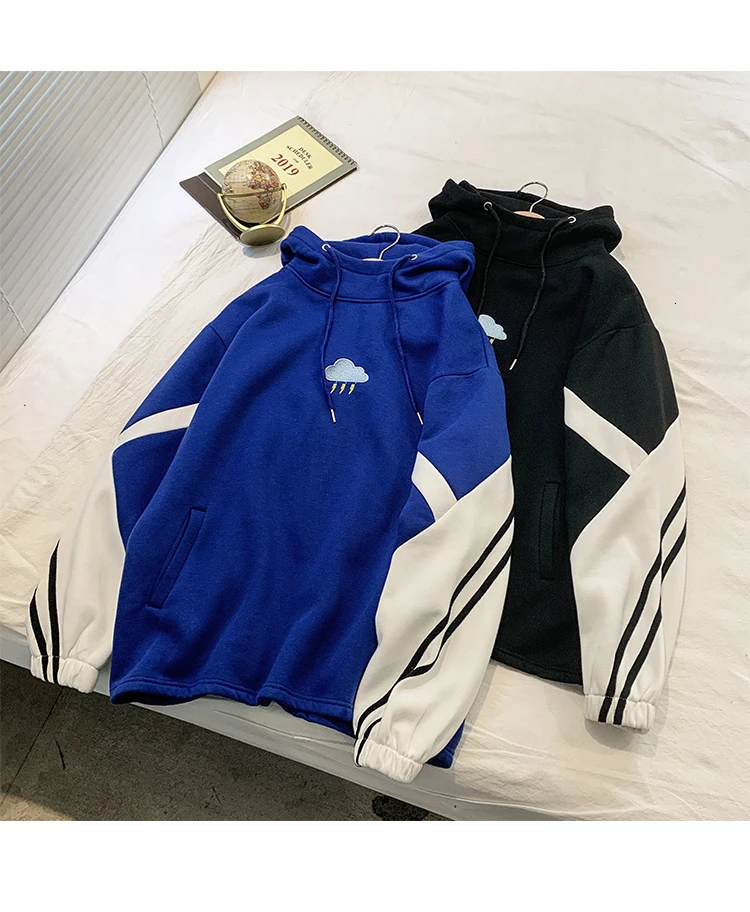 Plus Velvet Cotton Hoodies Men's Fashion Contrast Color Casual Hooded Sweatshirt Men Streetwear Loose Hip Hop Hoodie Mens