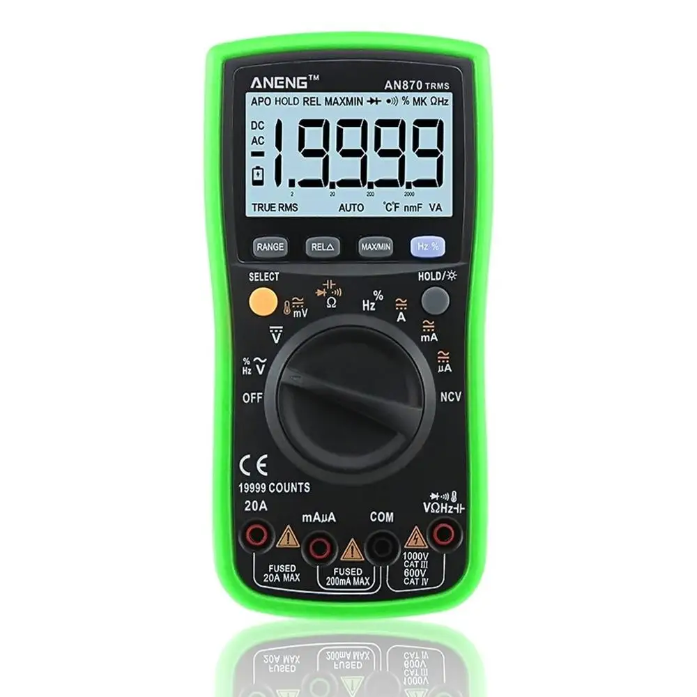 ANENG AN870 Цифровой мультиметр 19999 отсчетов True RMS AC/DC Вольт Ампер Ом Емкость Частота Температура NCV транзисторный тестер - Цвет: Зеленый