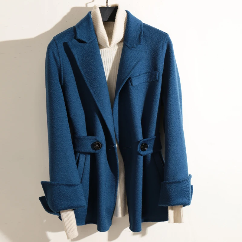 blue Smpevrg, женские пальто, стиль, волнистая вода, короткие пальто, женские, кардгианские, двухсторонняя ткань, отложной воротник, пальто, тонкая верхняя одежда - Цвет: blue